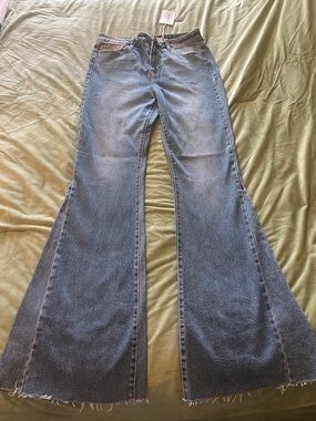 Cello Wide-Leg Flare Jeans in Washed Blue Denim